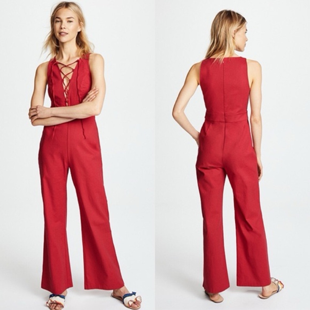 WAYF Red Jumpsuit Lace-Up Front Sleeveless Wide Leg Size S
